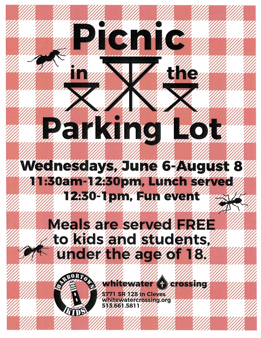 Picnic in the Parking Lot flyer for free meals at Whitewater Crossing for any students under the age of 18.